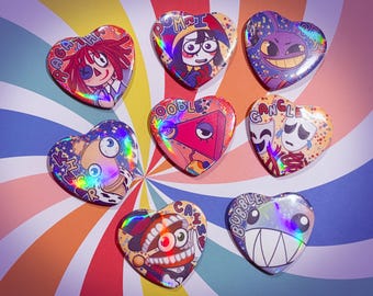 The Amazing Digital Circus Character 2.25" Heart Shaped Holo Buttons