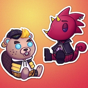 May include: Two cartoon animal stickers, a red chameleon with a black leather jacket and a brown beaver wearing a yellow and black hat and jacket.