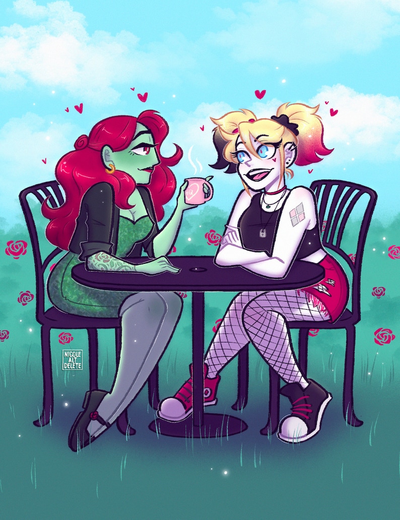 May include: Two cartoon characters, Poison Ivy and Harley Quinn, are sitting at a table outside in a garden setting. Poison Ivy is wearing a green and black outfit and has red hair. Harley Quinn is wearing a black and red outfit with fishnet stockings and has blonde hair with pigtails. They are both smiling and holding mugs. There are pink hearts floating around them.