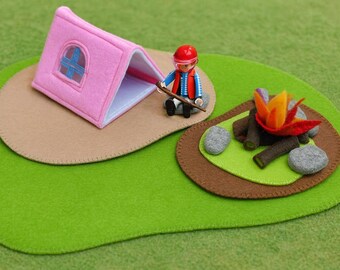 Tent and campfire - Felt landscape - Play mat - Camping - Role play addition to the mats and sets