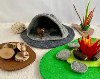 Stone cave grey - Campfire - Felt play mats - Camping - Role play supplement to the mats and sets