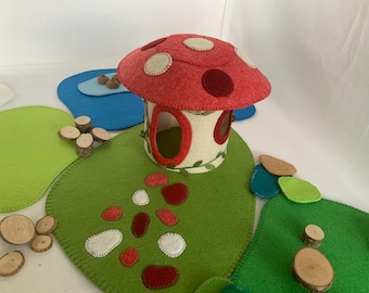 Large set with a mushroom house - a bright red fly agaric mushroom with large felt mats for special puppet play.