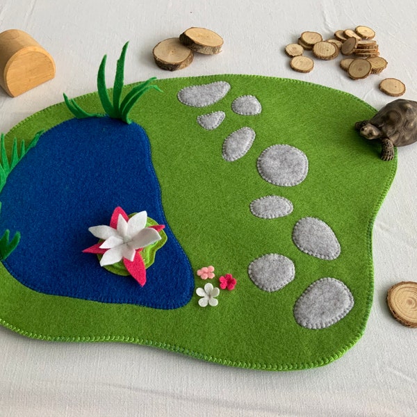 Play mat - meadow with path and lake - felt mat large for pegdolls - fine mat with pond and water lily