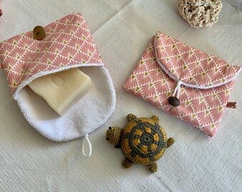 Square soap bag, Asian pink - soap pouch - waterproof cotton fabric - travel - vacation - bag for your hair soap