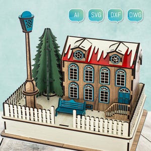 Archivos cortados con láser Casa de pueblo navideña 3D Glowforge SVG DXF para proyectos de plasma cnc DIY Paquete divertido para niños