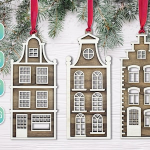 Ornamento di Natale 2024 Amsterdam Glowforge SVG DXF File tagliati al laser per progetto CNC fai da te al plasma I migliori modelli Vecchie case olandesi
