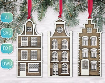 Kerstornament 2024 Amsterdam Glowforge SVG DXF lasergesneden bestanden voor plasma DIY cnc-project beste patronen Nederlandse oude huizen