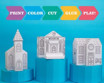 Afdrukbare papieren huizen – DIY 3D-dorpssjablonen | Kleur-, knip- en lijmactiviteit voor kinderen