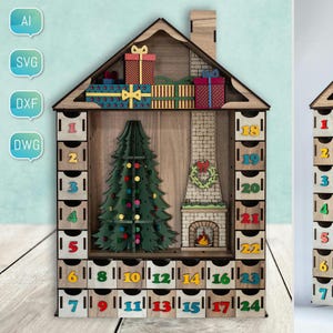 Calendario dell'Avvento di Natale File di taglio laser Case del villaggio in legno 3D Glowforge SVG DXF per Plasma Fai da te cnc Progetto Divertenti bambini