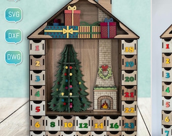 Christmas Advent Calendar Laser Cut File Wood Village Houses 3D Glowforge SVG  DXF for Plasma DIY cnc Project Funny Kids