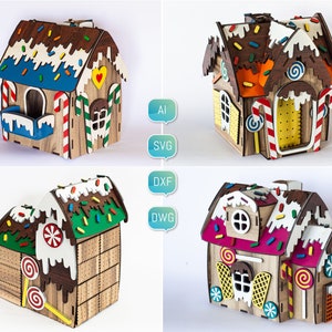 File tagliati al laser Pacchetto di casette di pan di zenzero del villaggio di Natale 3D Glowforge SVG DXF Progetto fai da te Pacchetto divertente per bambini