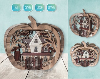 Halloween Laser Cut Files Haunted House Mansion 3D Pumpkin Glowforge SVG DXF for Plasma DIY cnc Project