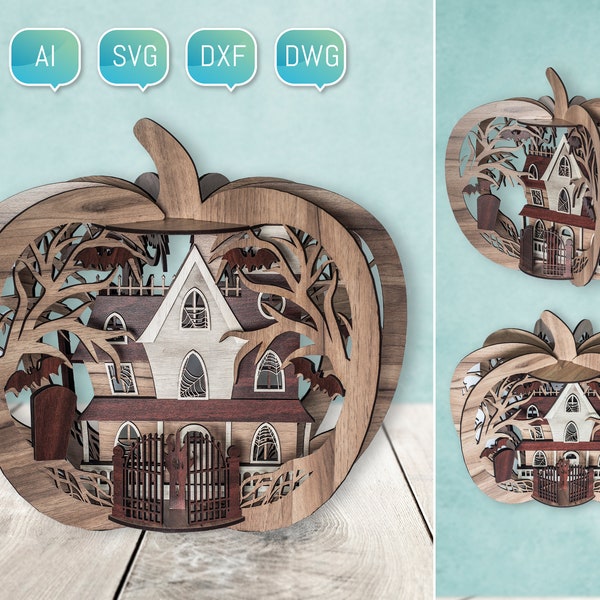 Halloween Haunted House Mansion 3D Pumpkin Glowforge SVG Laser Cut Files DXF pour Plasma DIY cnc Project