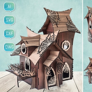 Halloween Laser Cut file Haunted House Mansion 3D Glowforge SVG DXF per progetto cnc Plasma DIY