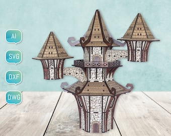 Halloween lasergesneden bestanden middeleeuwse 3D miniatuur huis Dxf Svg-project Glowforge Digital Ready, plasmasnijden DIY cnc-project