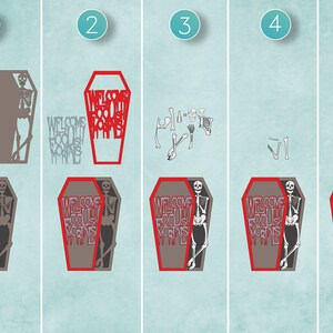 May include: A collection of Halloween designs featuring coffins, skeletons, and bone elements. The coffins display the text "WELCOME FOOLS MORONS" in red. The designs are shown in different stages of construction, with some parts separate.