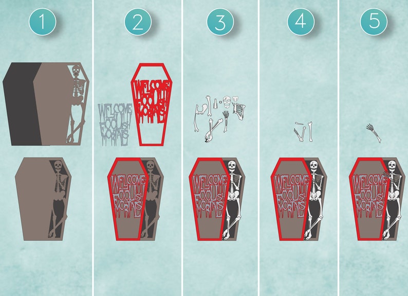 May include: A collection of Halloween designs featuring coffins, skeletons, and bone elements. The coffins display the text "WELCOME FOOLS MORONS" in red. The designs are shown in different stages of construction, with some parts separate.
