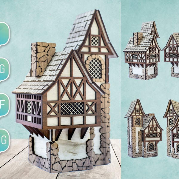 Archivos de corte láser Medieval 3D Christmas Miniature House Dxf Svg Project Glowforge Digital Ready para Halloween, Plasma Cutting DIY cnc Project