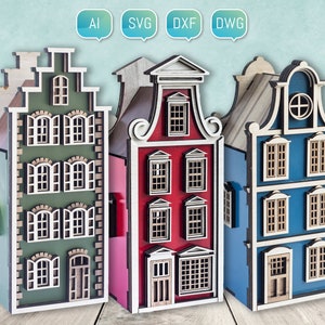 File tagliati al laser Amsterdam Houses 3D Miniature Glowforge SVG DXF Modello fai da te Progetto CNC Pacchetto divertente per bambini