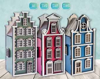 3D Amsterdam Huizen Laser Cut Files Miniatuur Glowforge SVG Laser Cut Files DXF Model voor Plasma DIY cnc Project Funny Kids Bundel