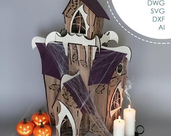 Halloween Haunted House Laser Cut Files: 3D Mansion SVG DXF