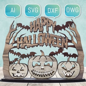 Happy Halloween Laser Cut File Glowforge SVG DXF voor Plasma DIY cnc Project Sign Pumpkin Face