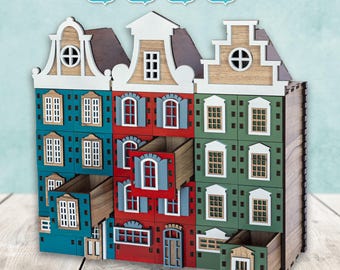 Adventskalender lasergesneden bestand Amsterdam huizen 3D Glowforge SVG DXF voor plasma DIY cnc-project