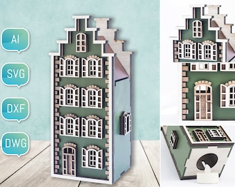 May include: A laser-cut wooden house-shaped candle holder with a green facade and white window frames. The design includes multiple windows and a detailed roofline. The image also shows the file formats: AI, SVG, DXF, and DWG.