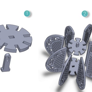 Puede incluir: Un modelo de flor impreso en 3D con seis p&eacute;talos. Los p&eacute;talos est&aacute;n dise&ntilde;ados de forma intrincada con un patr&oacute;n de celos&iacute;a. La flor se ensambla a partir de piezas separadas, como se muestra en la imagen. El modelo es de color gris.