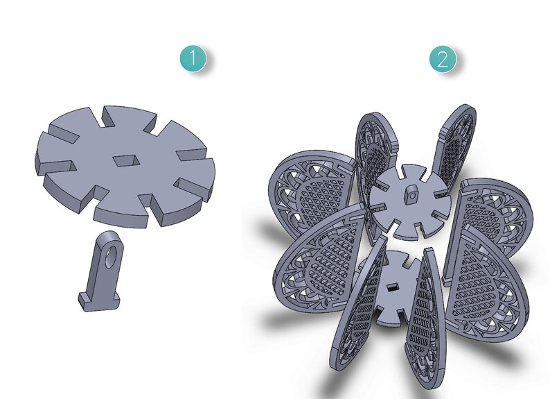 Puede incluir: Un modelo de flor impreso en 3D con seis p&eacute;talos. Los p&eacute;talos est&aacute;n dise&ntilde;ados de forma intrincada con un patr&oacute;n de celos&iacute;a. La flor se ensambla a partir de piezas separadas, como se muestra en la imagen. El modelo es de color gris.
