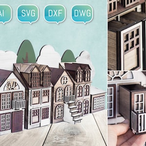 Calendario de Adviento láser Archivo recortable Casas de pueblo de Navidad Pueblo 3D Glowforge SVG DXF Madera