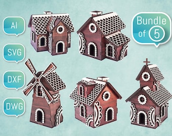 Laser Cut Files Christmas Village Gingerbread House 3D Glowforge SVG DXF for Plasma DIY cnc Project Funny Kids Bundle
