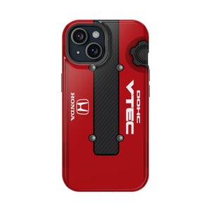 May include: Red phone case with a black carbon fiber design and a white Honda logo and VTEC DOHC text.