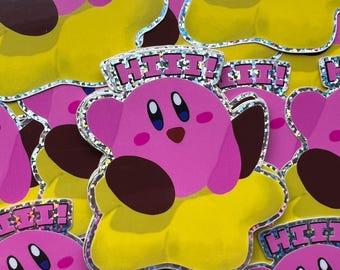 Kirby Hiii! Glitter Sticker - Water Resistant Vinyl