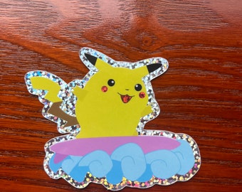 Surfing Pikachu glitter sticker