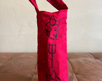 Block printed hand sewn devil wine tote/booze bag