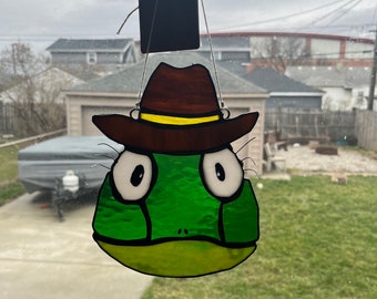 Stained glass toad cowgirl with eyelashes/honky tonk toad stained glass/country toad wall hanging