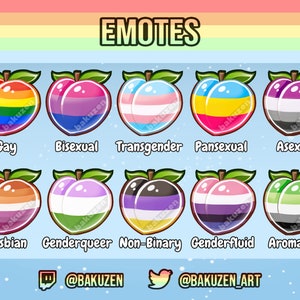 Pride Flag Peaches - Emotes for Twitch + Discord (Lesbian, Gay, Bi, Trans, Pan, Asexual, Genderqueer, Non-Binary, Genderfluid, Aromantic)