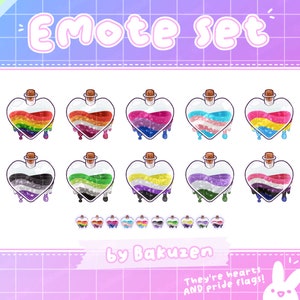Puede incluir: Conjunto de 10 emotes digitales en forma de corazón con diseños de banderas del orgullo. Los emotes están en un cuadrado blanco con un fondo de cuadrícula rosa y azul. El texto "Emote Set" está en la parte superior del cuadrado y "by Bakuzen" en la parte inferior. El texto "They're hearts AND pride flags!" está debajo del cuadrado.