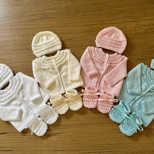 Baby Matinee Set (Newborn) (Design #2) - White/Cream/Pink/Blue - Hand Knitted - Cardigan, Bonnet & Booties