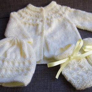 Baby Matinee Set (Newborn) (Design #1) - White/Pink/Blue/Yellow - Hand Knitted - Matinee Jacket, Bonnet & Bootees