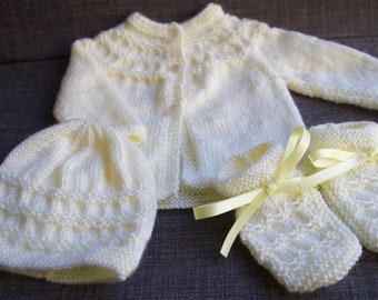 Baby Matinee Set (Newborn) (Design #1) - White/Pink/Blue/Yellow - Hand Knitted - Matinee Jacket, Bonnet & Bootees