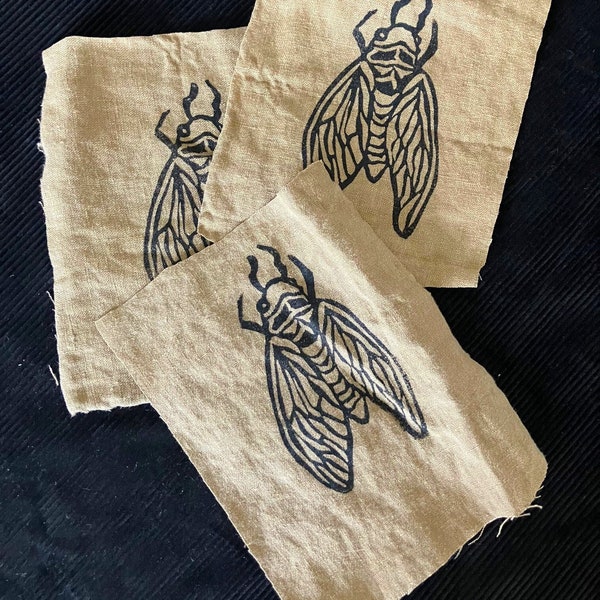 Tan Linen Cicada Recycled Cotton Patches, Block Printed for Jeans, Jacket, Backpack, cottagecore, forest fairy, woodsy, bugs insects punk