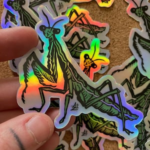 May include: A set of iridescent green praying mantis stickers. The stickers are holographic and feature a detailed illustration of a praying mantis.
