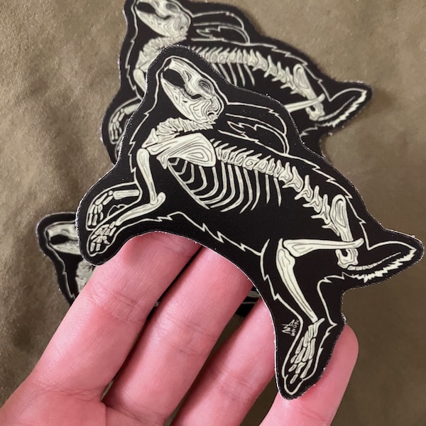 Glow in the Dark Rabbit Skeleton Vinyl waterproof Sticker for water bottle, laptop, notebook coffee mug curio goblin animal bunny bones