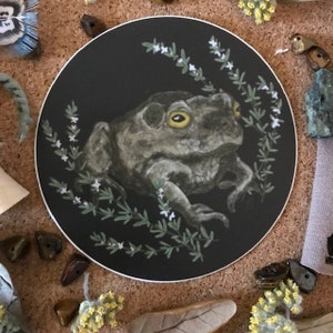 May include: A round sticker with a black background featuring a detailed illustration of a toad sitting on a bed of green and white foliage. The toad has a light brown body with a textured surface and yellow eyes.