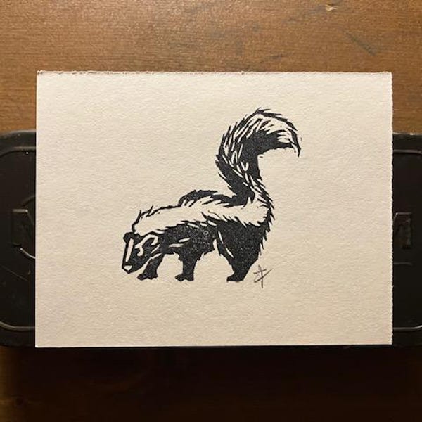 Tiny Skunk, 3x4 Block Print Unframed, Signed, original art animals forest creature wildlife illustration