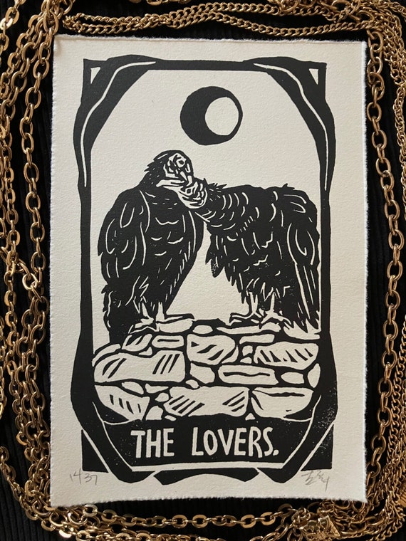 The Lovers Tarot Card Print, 3rd Edition Block Print Unframed, Signed and Numbered, vultures birds death corvids animals nature dark witch