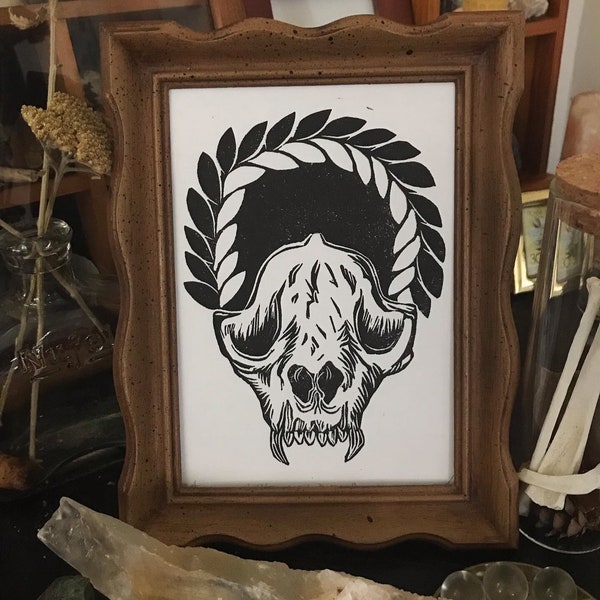 The Bandit Queen Raccoon Skull Print, 5x7 First-Edition Block Print Unframed, fantasy tattoo animal bones taxidermy story gothic horror art