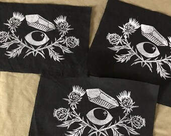 Third Eye Thistle Patches, Cotton, Block Printed Patches for Jeans, Jacket, Backpack, Tarot Inspired Mystic Occult Witchy